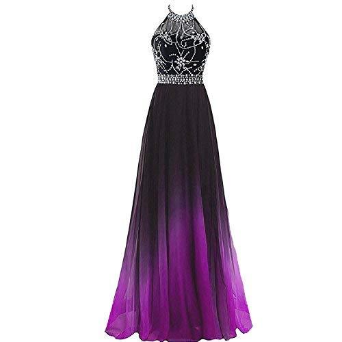 Kivary Plus Size Beaded Halter Gradient Ombre Chiffon Prom Evening Dress Black P
