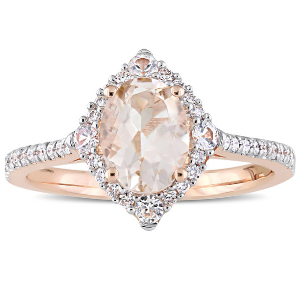 14K Rose Gold Over Silver Oval Cut Morganite & Diamond Wedding Engagement Ring