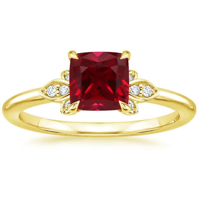 1/3Ct Cushion & Round Cut Ruby & Diamond Engagement Ring 14K Yellow ...