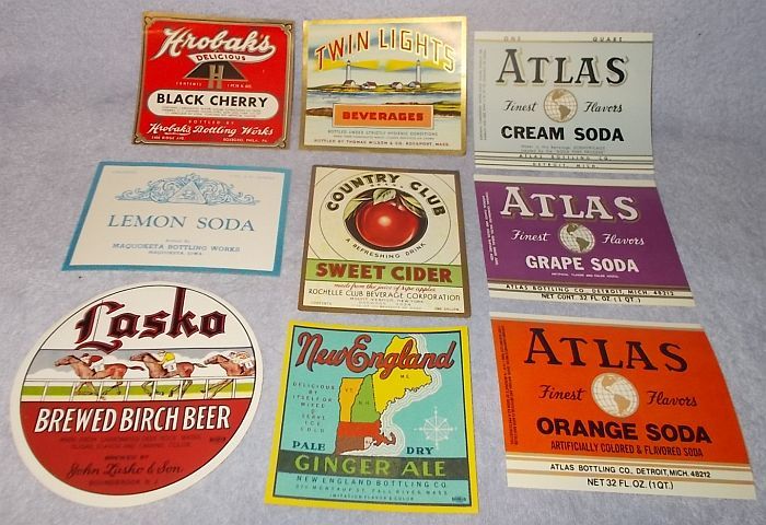 Vintage Soda Pop Beverage Bottle Labels Lot of 9 Atlas Lasko Twin ...