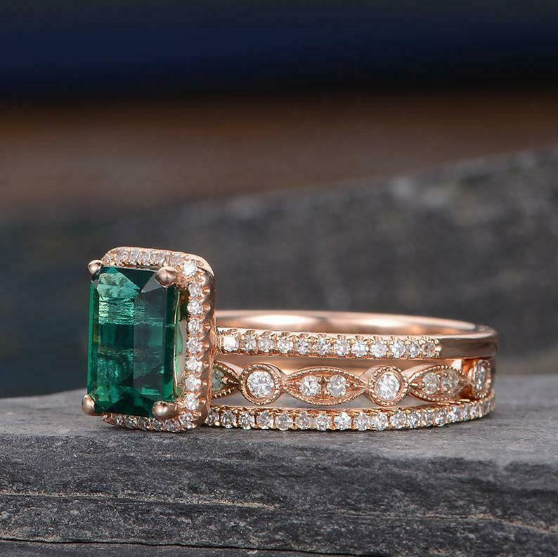 3.50Ct Emerald Cut Green Emerald Trio Halo Engagement Ring 18K Rose Gold Finish Genuine Gemstone