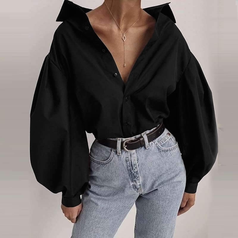 New black button down puff sleeve women oversized shirt plus size spring summer