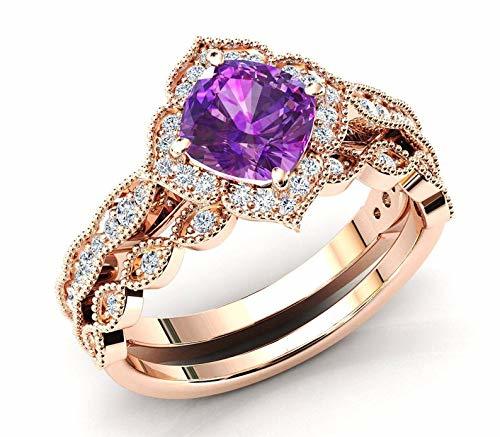 Elegant Touch Cushion Cut Purple Amethyst Bridal Ring Set 925 Sterling Silver Ha