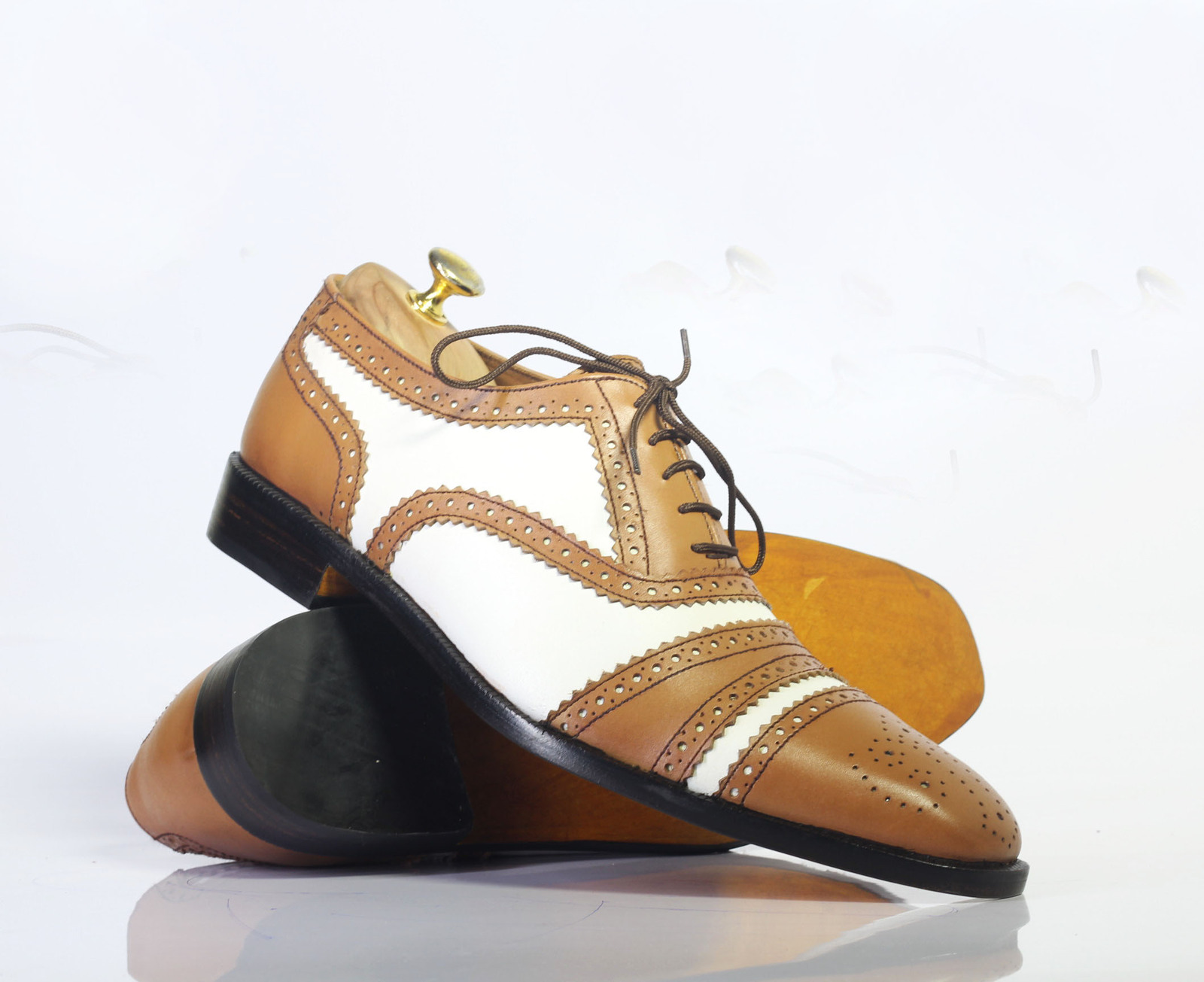 Handmade Men’s Brown White Cap Toe Brogue Leather Shoes, Men Lace Up Dress Shoes