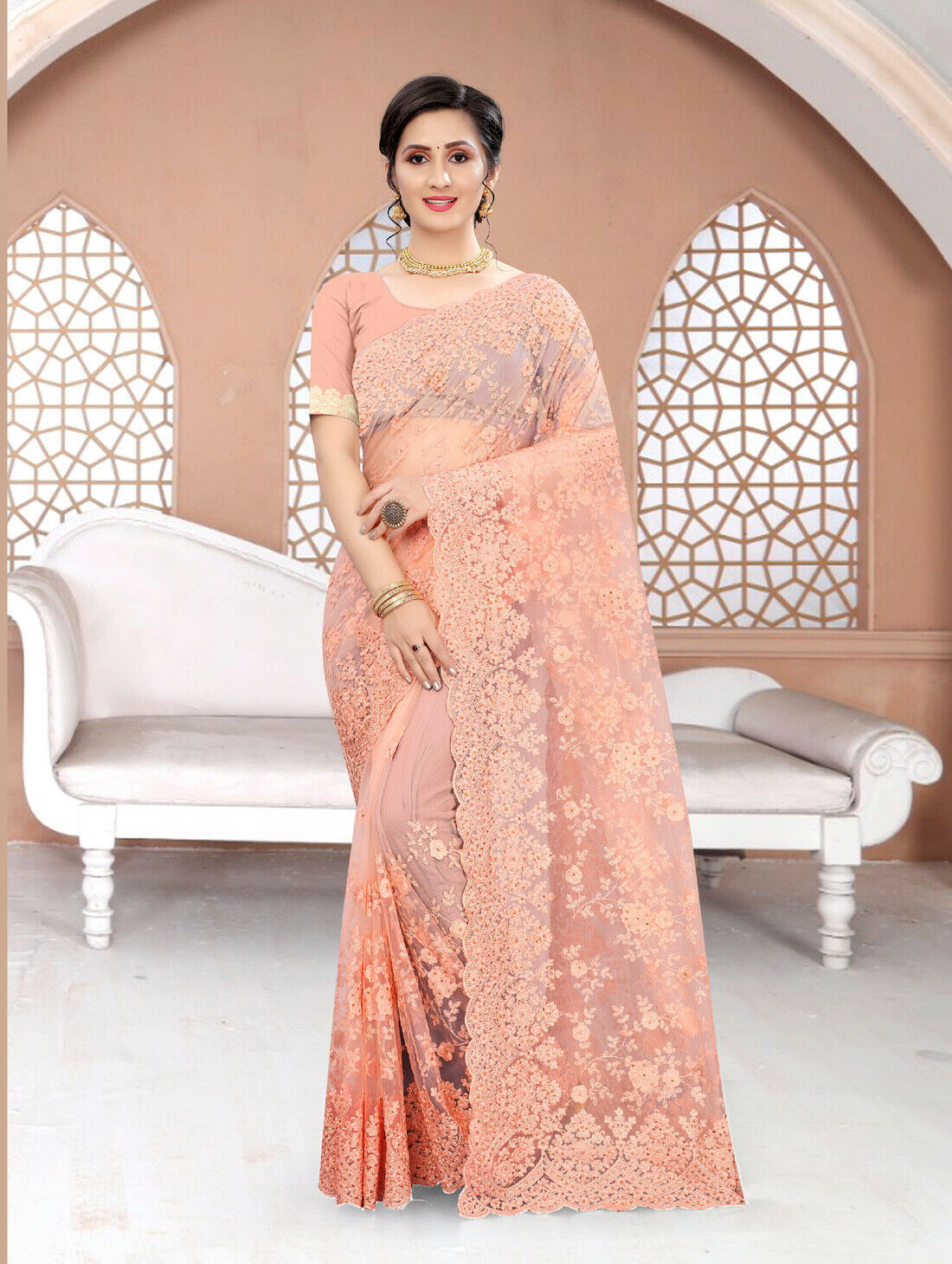 Designer Peach Heavy Resham Embroidery Moti Stone Work Net Sari Party Wear Saree
