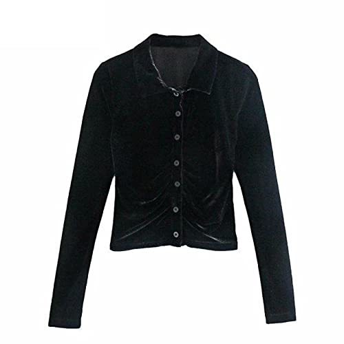 Fashion Pleated Short Velvet Smock Blouse Office Ladies Breasted Casual Slim Shi