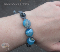 Aqua Dyed Agate and Dark Gray Adjustable Macramé Shambhala Bracelet - $11.99