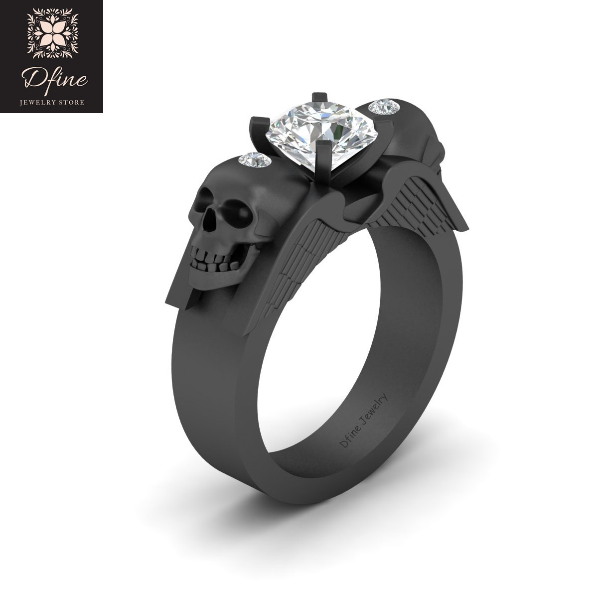 Horror Theme Inspired 2 Skull Engagement Ring Angels Wings Gothic