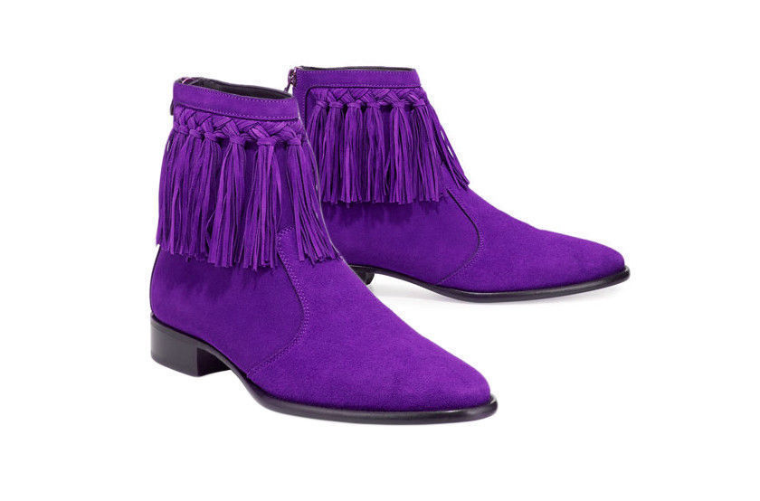 Mens Cow Boy High Ankle Purple Color Suede Leather Handmade Fringe Boots