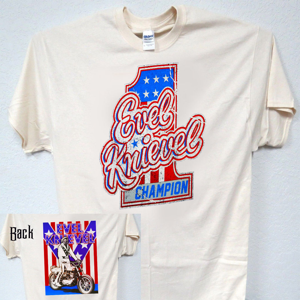Image of EVEL KNIEVEL"1970's Classic Art",Bike on Back T-SHIRT,S,M,L,XL,2X,3X,4X, T-375