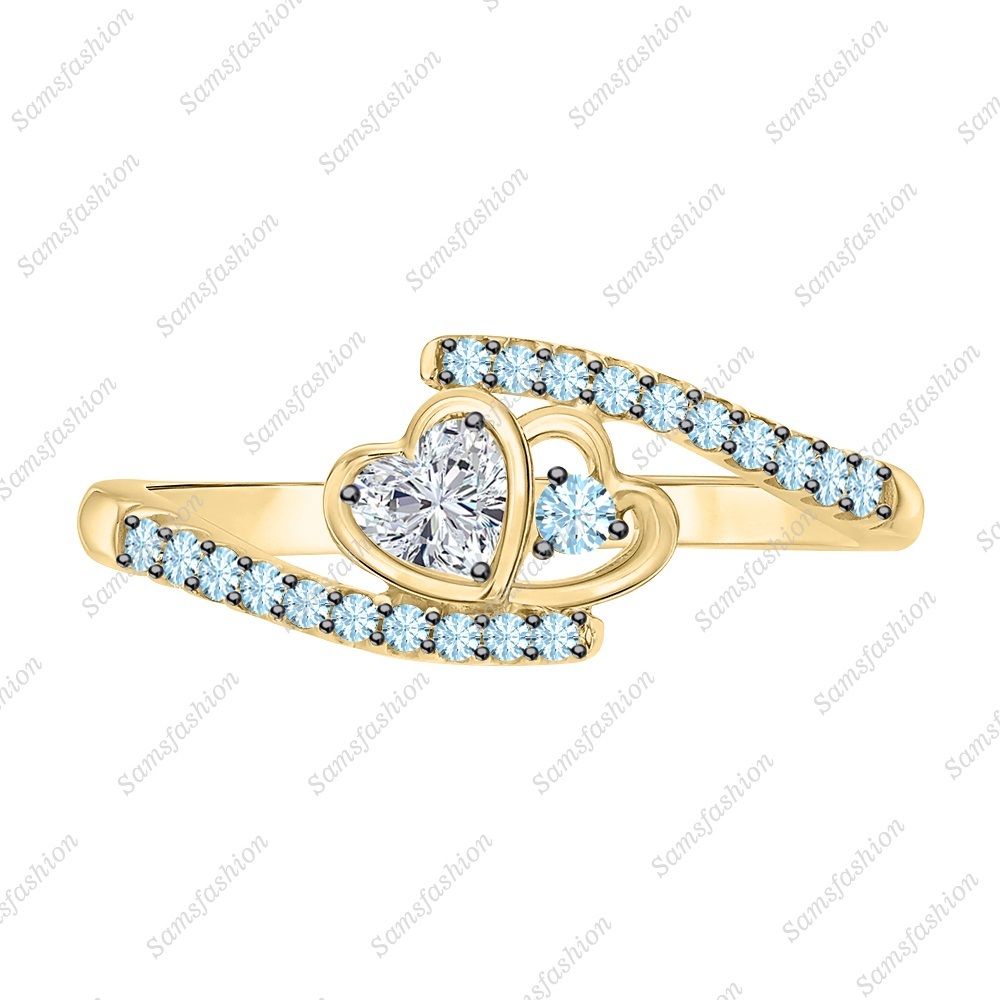 Heart Diamond & Aquamarine 14k Yellow Gold 925 Silver Heart Anniversary Ring