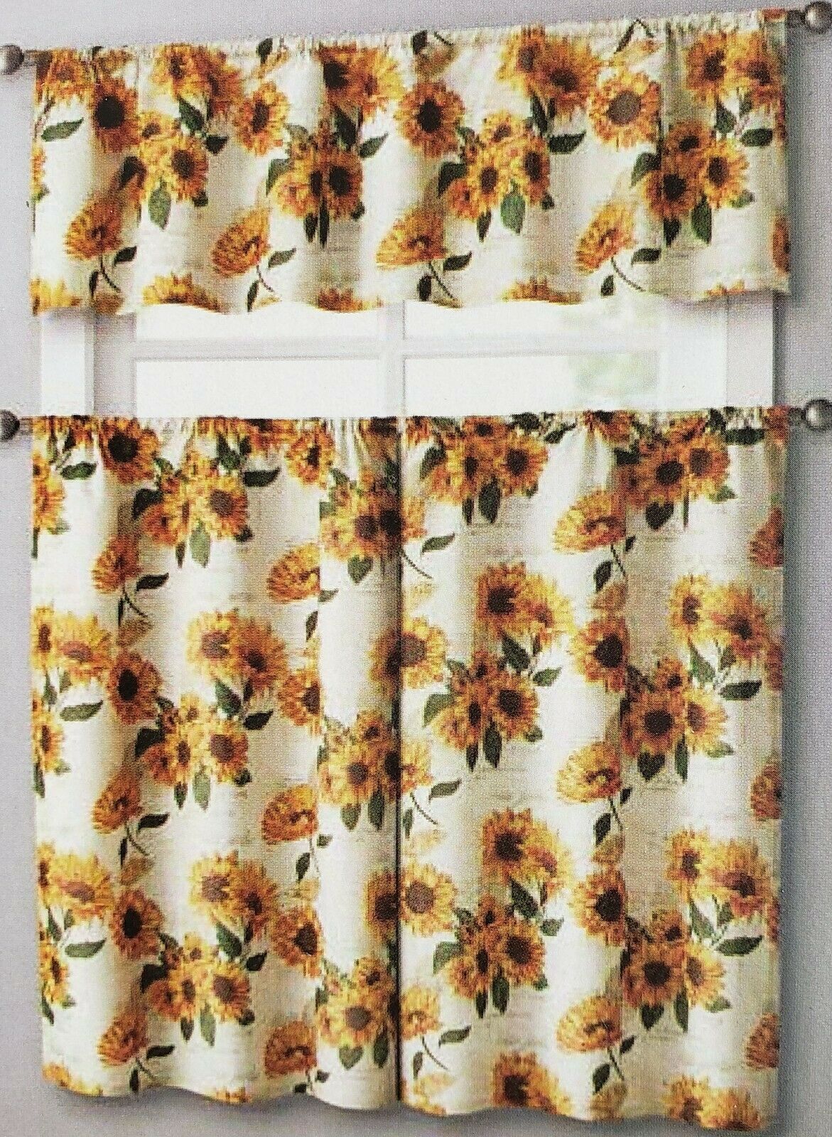 Primary image for 3 pc. Curtains Set: Valance (56"x14") & 2 Tiers (28"x36") SUNFLOWERS FIELD, VC