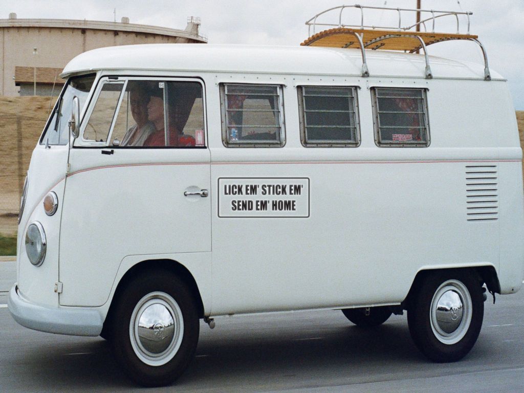 Lick em' Stick em' send em' home Die Cut Vinyl Decal (Permanent Sticker