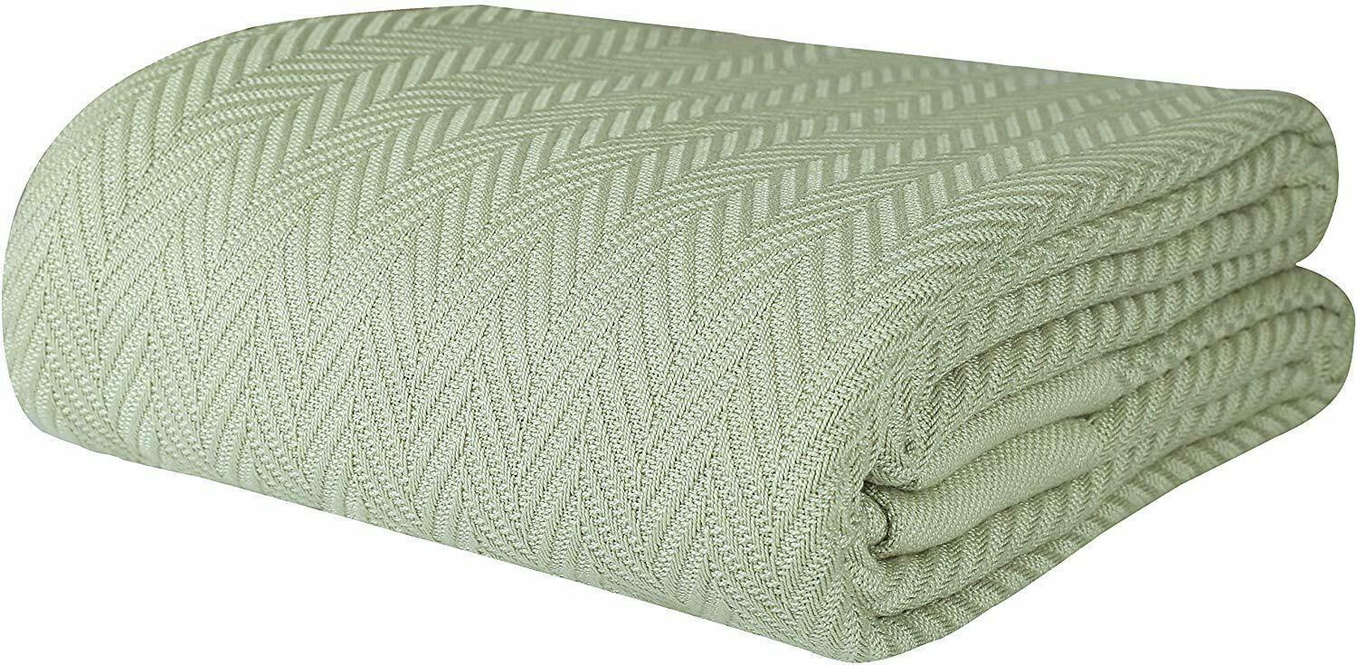 Nice Twill Twin Sage Combed Cotton 68" x 92" Herringbone Soft Blanket