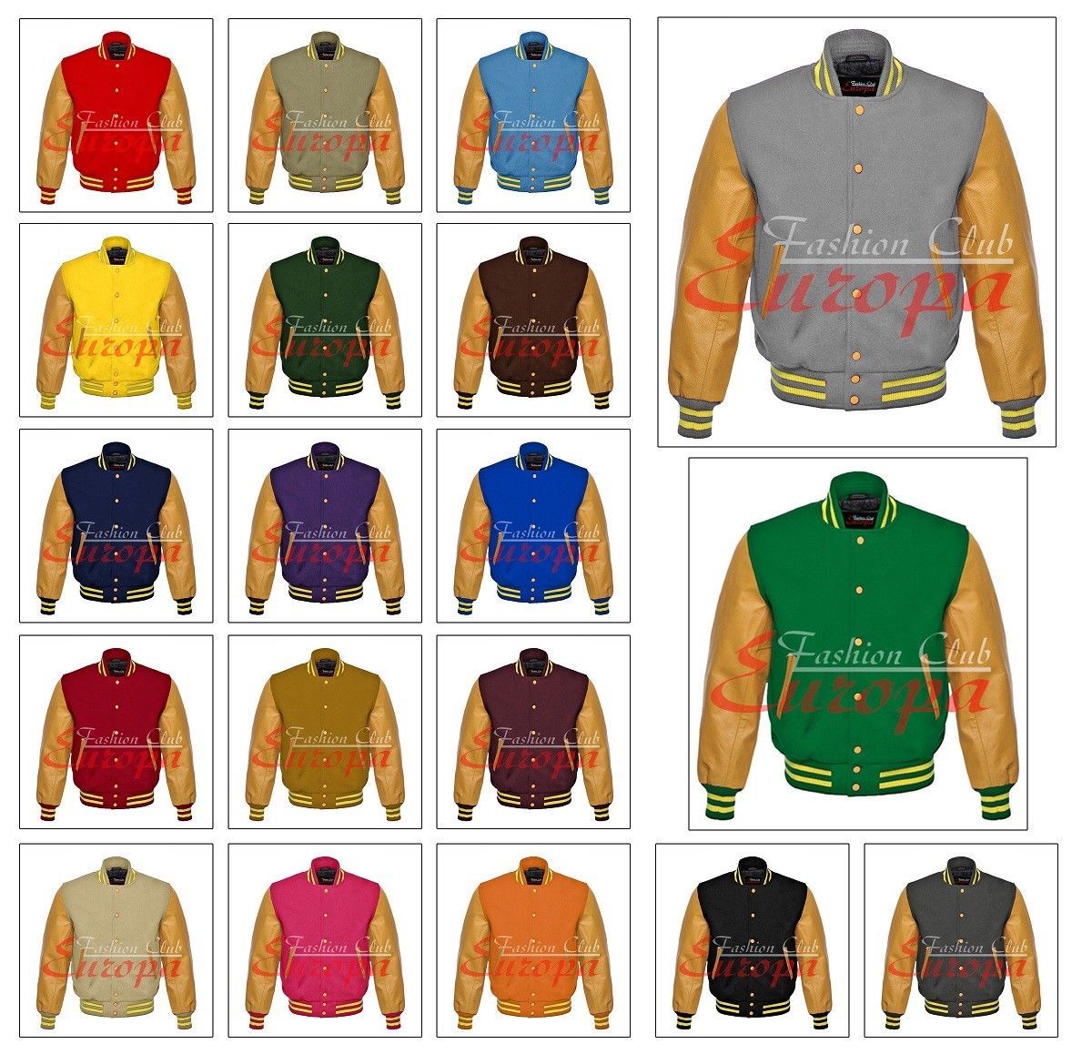 Original Varsity Letterman School College Jackets Gold Leather Sleeves /& 7 Colors Sizes XS to 7XL Wool