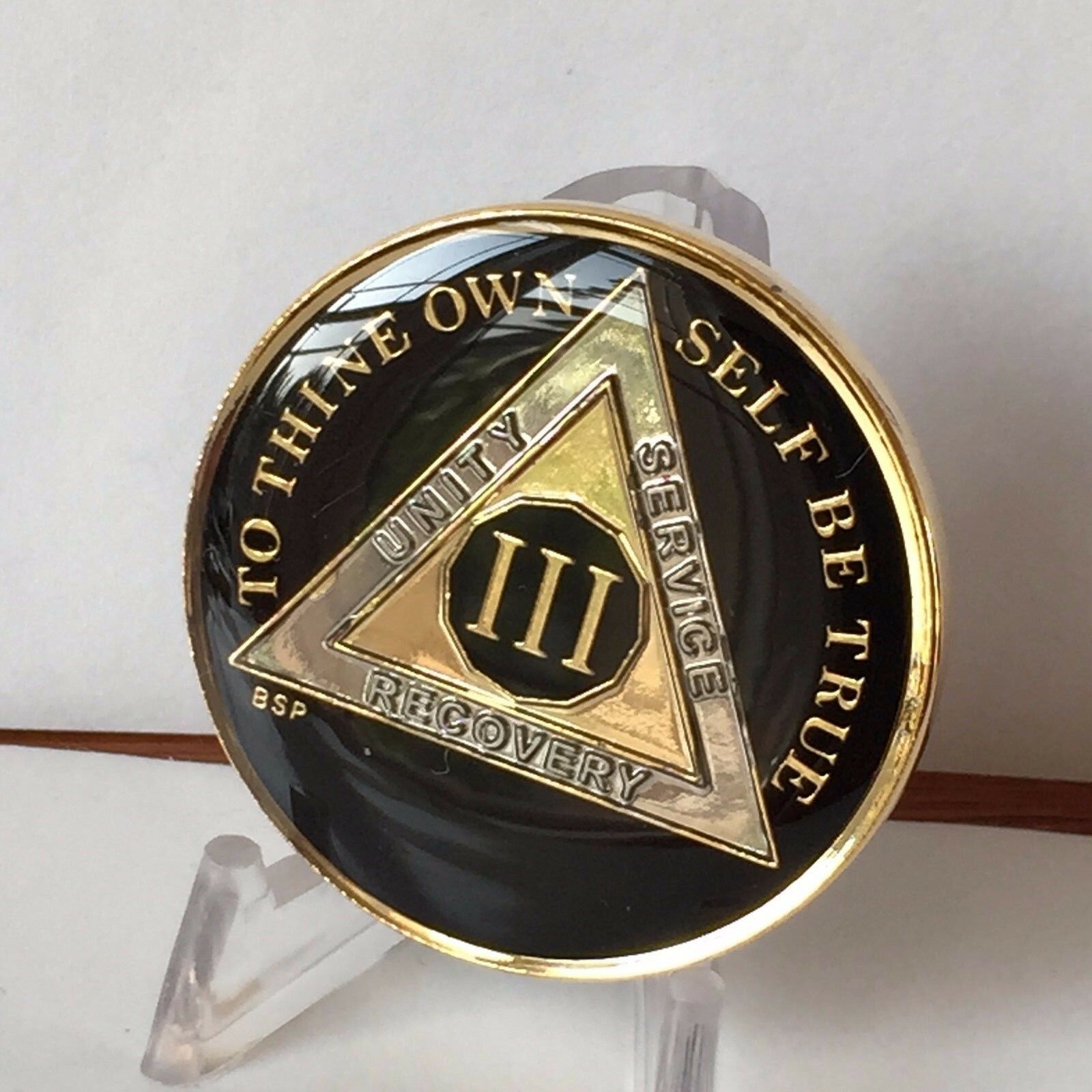 3 Year Black AA Alcoholics Anonymous Medallion Chip Tri-Plate Gold ...