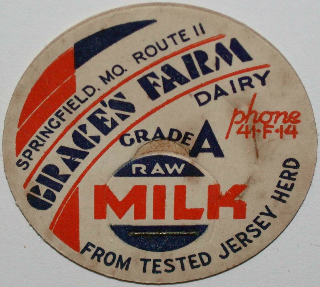 Vintage milk bottle cap GRACES FARM DAIRY Raw Milk Springfield Missouri ...