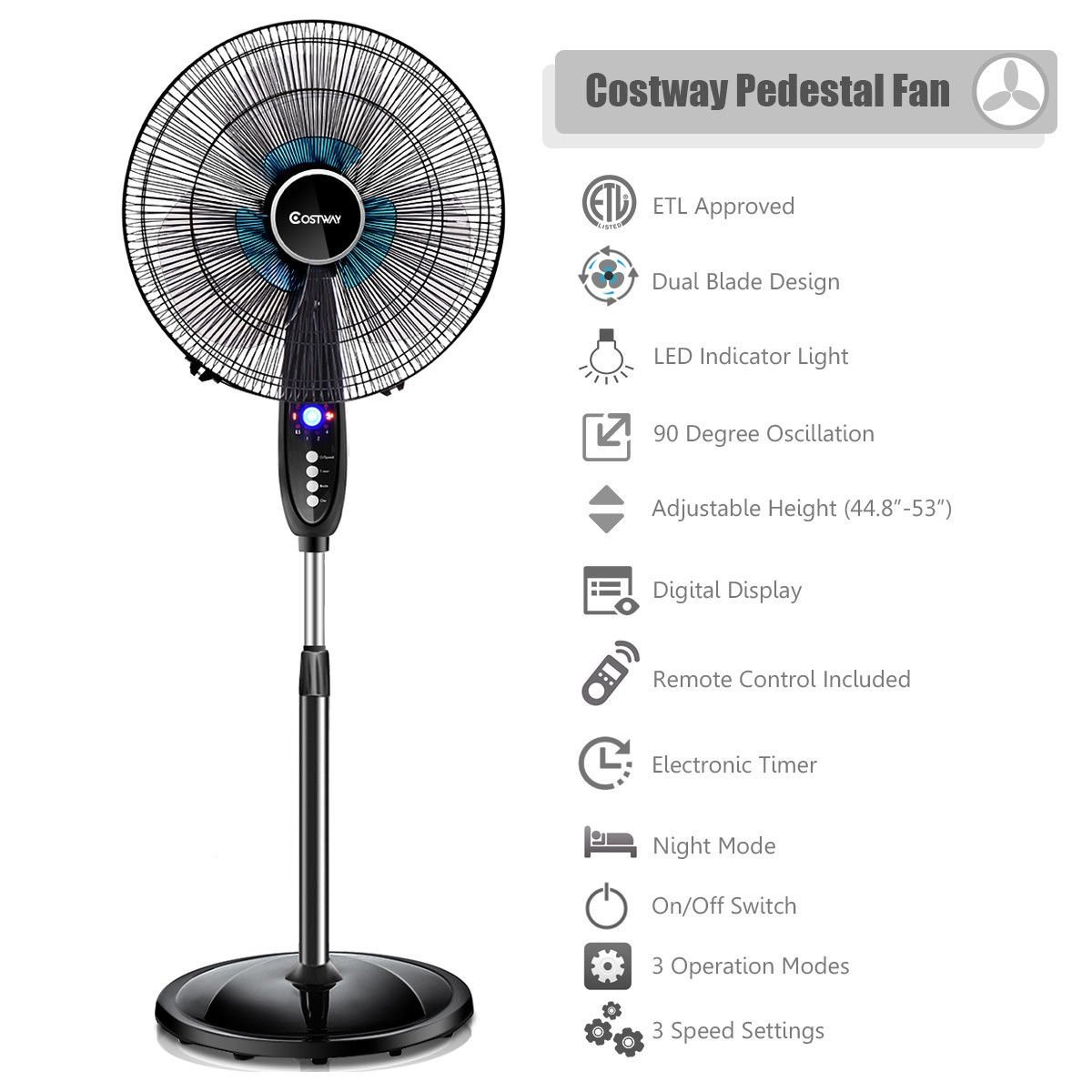 16" Adjustable Oscillating Pedestal Stand Fan Fans & Fan Parts