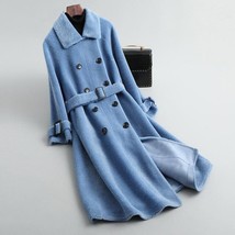 New blue double breasted shearling long sleeve warm wool women coat with... - $178.00