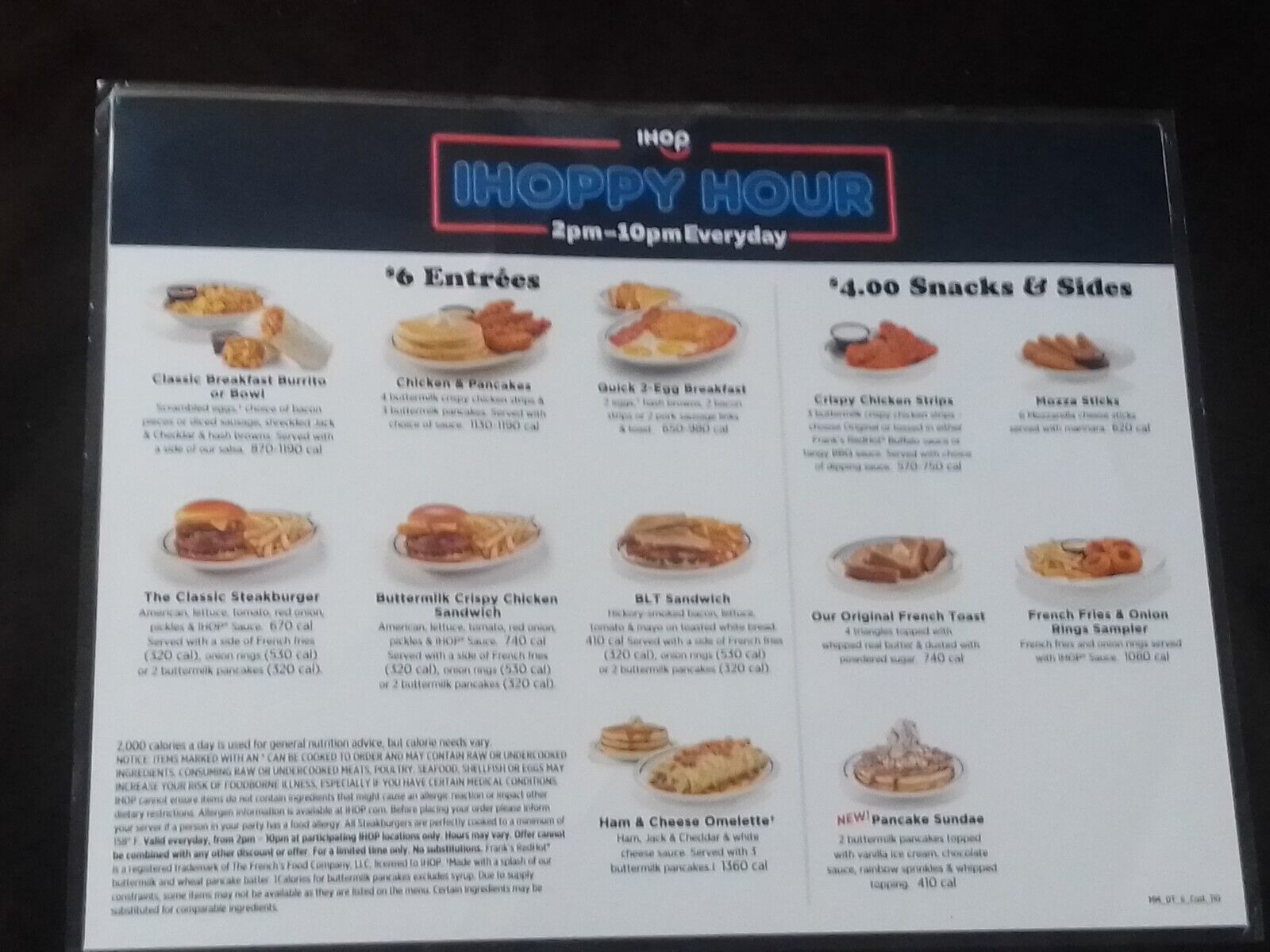 IHOP Restaurant iHoppy Hour Flashcard Original MENU Double Sided