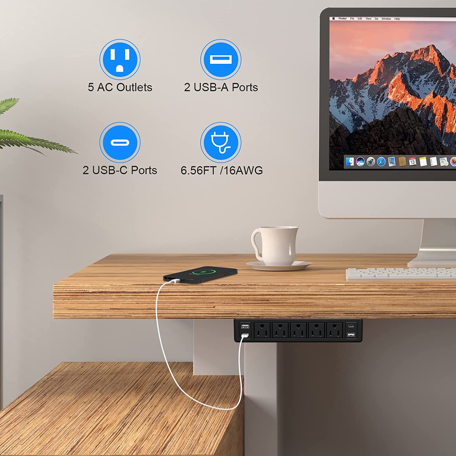 Under Desk Power Strip With Usb, 9 In 1 Flat Plug Adhesive Mountable