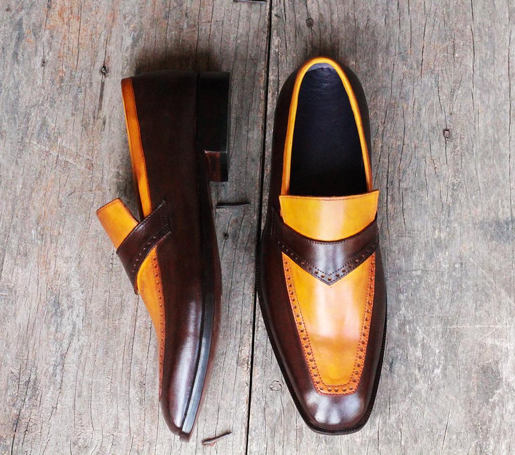 Handmade Mens Yellow Brown Leather Loafer Party Shoes, Men Designer ...