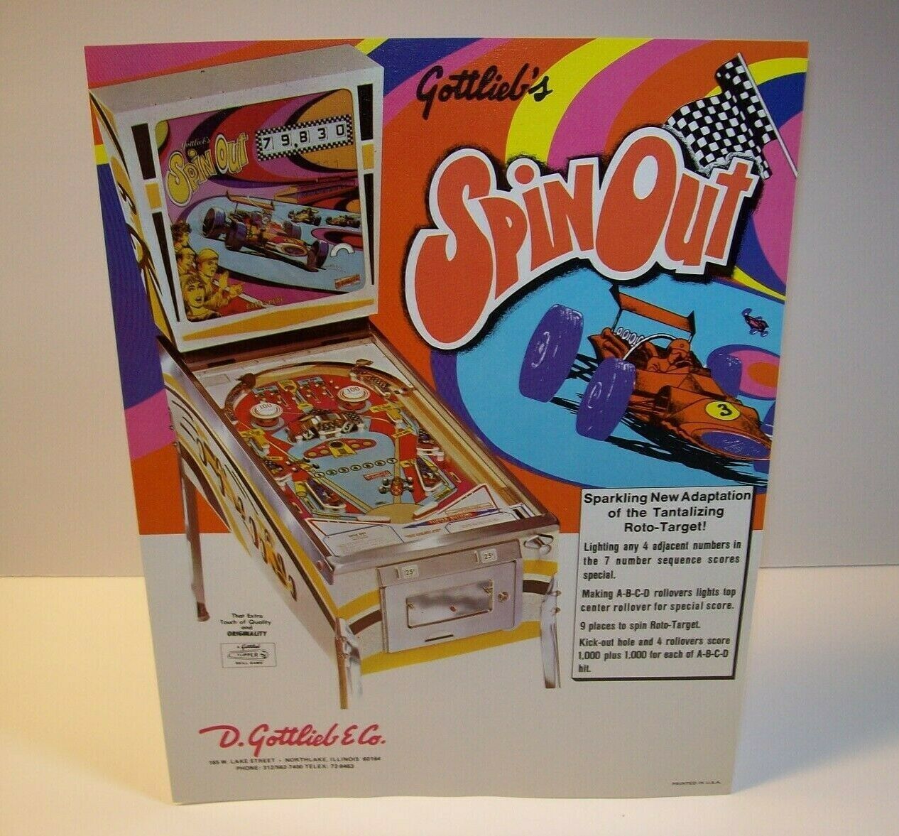 Spin Out Pinball FLYER Original NOS Gottlieb 1975 Game Artwork Non ...