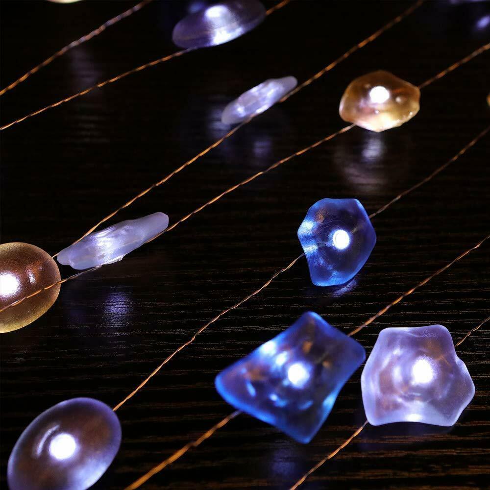 Coastal Decor Crystal Stone Beach 40 LED Lights 13.5' Foot String Ocean Sea Blue String Lights