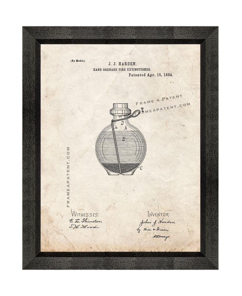 Hand Grenade Fire Extinguisher Patent Print Old Look With Beveled Wood Frame