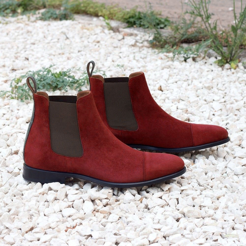 NEW Handmade Men's Red Color Suede Chelsea Boot, Men Cap High Ankle Fashion Rewards -