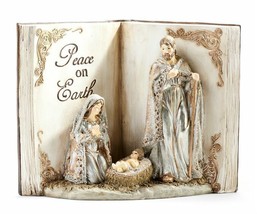Nativity Scene Statue Open Book Style Peace on Earth Sentiment 9" high Resin