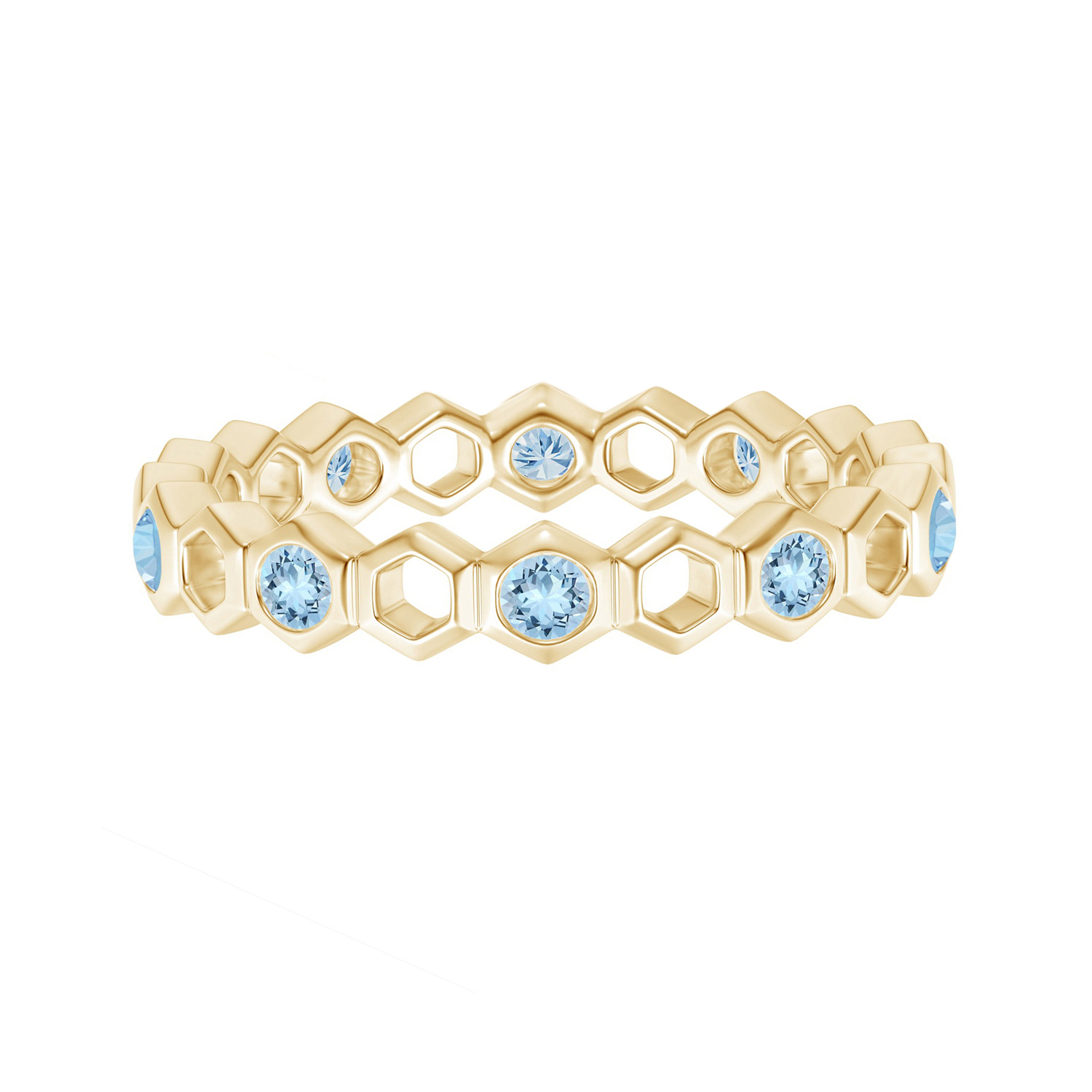 Full Eternity Band!! Round Aquamarine Gemstone Hexagonal Ring 9K Yellow Gold