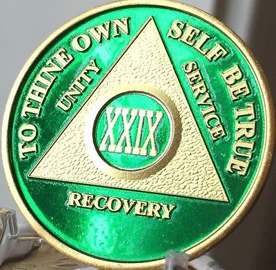 29 Year AA Medallion Green Gold Plated Alcoholics Anonymous Sobriety Chip Coin