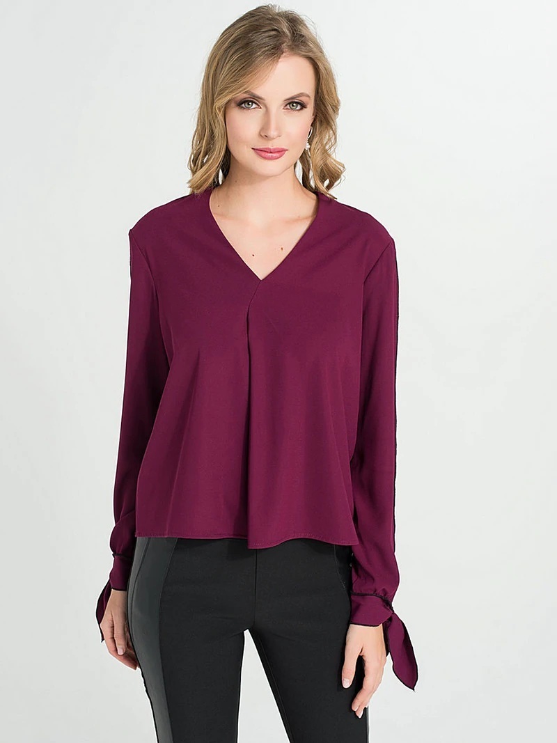 New burgundy V neck long sleeve women loose wine red blouse spring ...