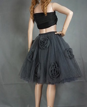 Women Black Midi Tulle Skirt with Flower Plus Size Ruffle Tutu Midi Skirt Outfit image 7