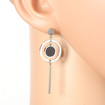 Silver Tone Drop Earrings, Jet Black Faux Onyx Circle & Dangling Bar - $26.99