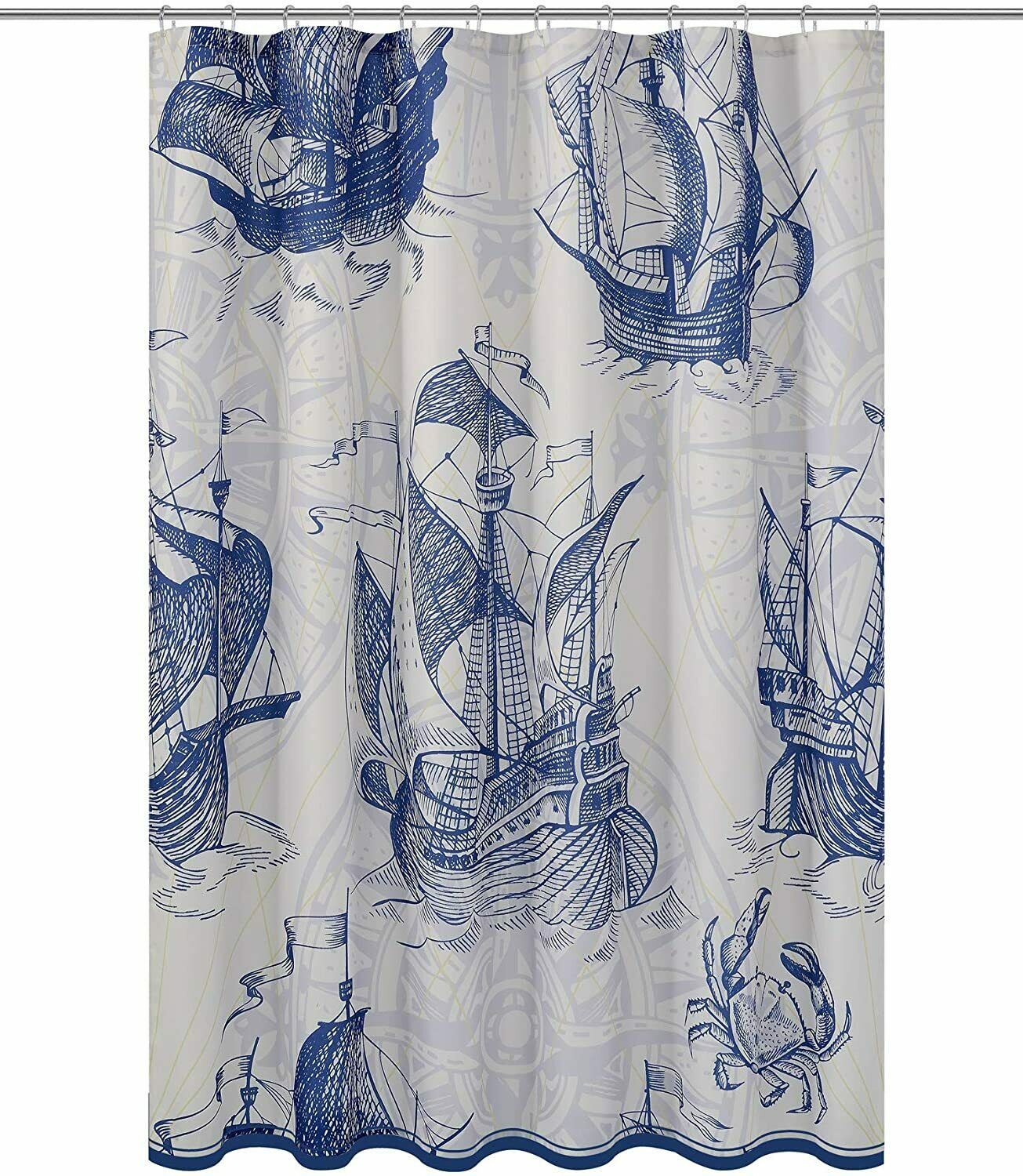Neutral Blue Nautical Map Sailboat Sea Coastal Elegant Fabric Shower