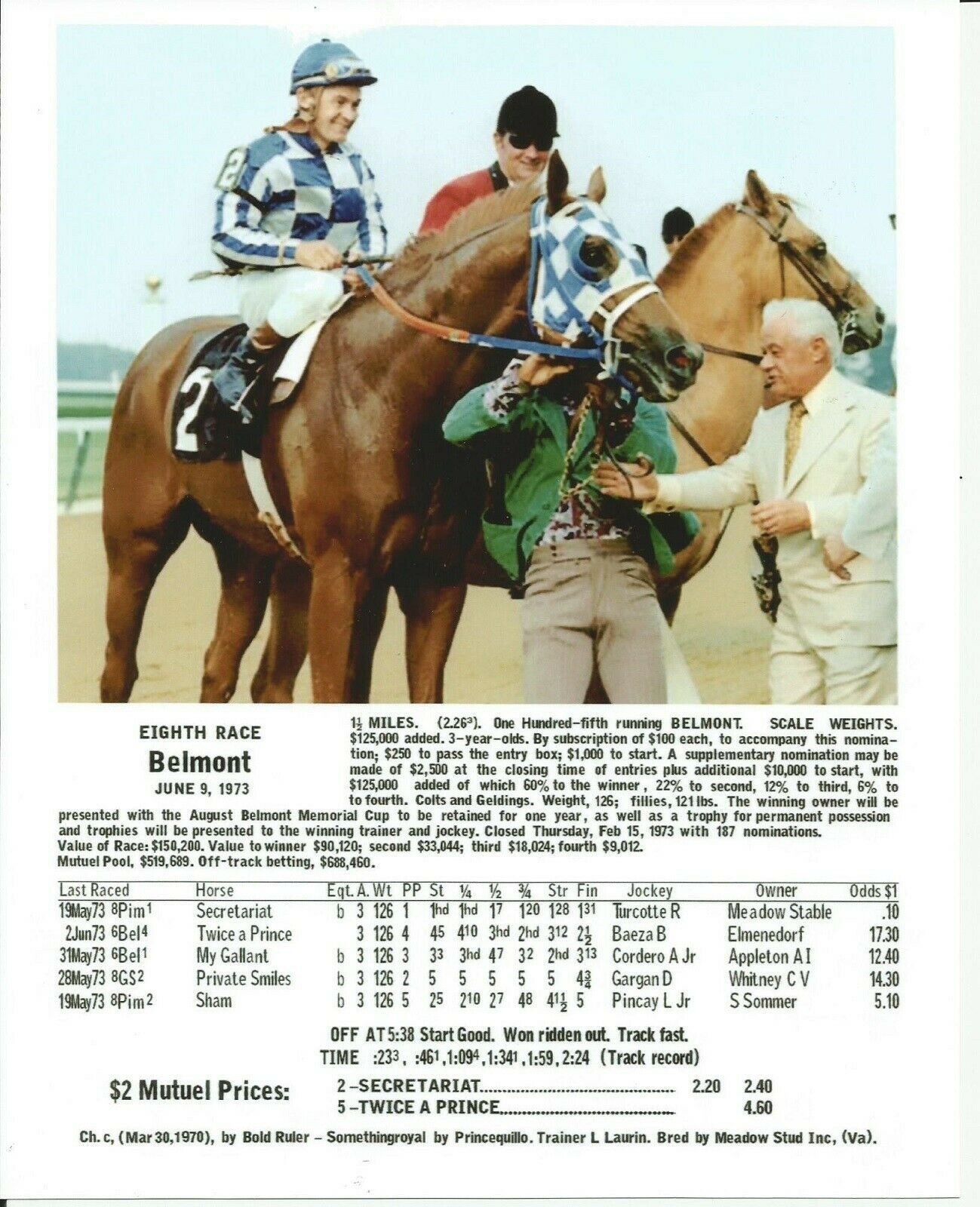1973 SECRETARIAT after winning Belmont Stakes w/Race Chart Color