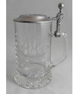 Vintage ALWE W. Germany Etched Glass Stein Grand Trunk Ship w Pewter Lid... - $12.99