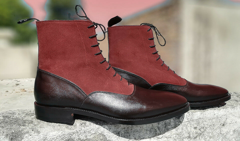 Maroon Red Derby Suede High Ankle Handmade Genuine Leather Lace Up Boots US 7-16