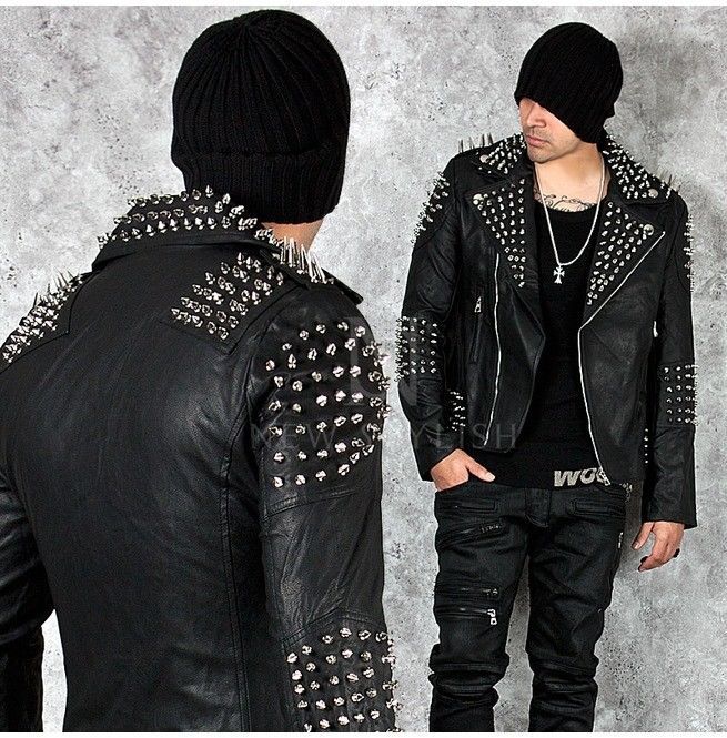 Men's Black Color Biker Genuine Leather Full Silver Spike Studded Slim Jacket