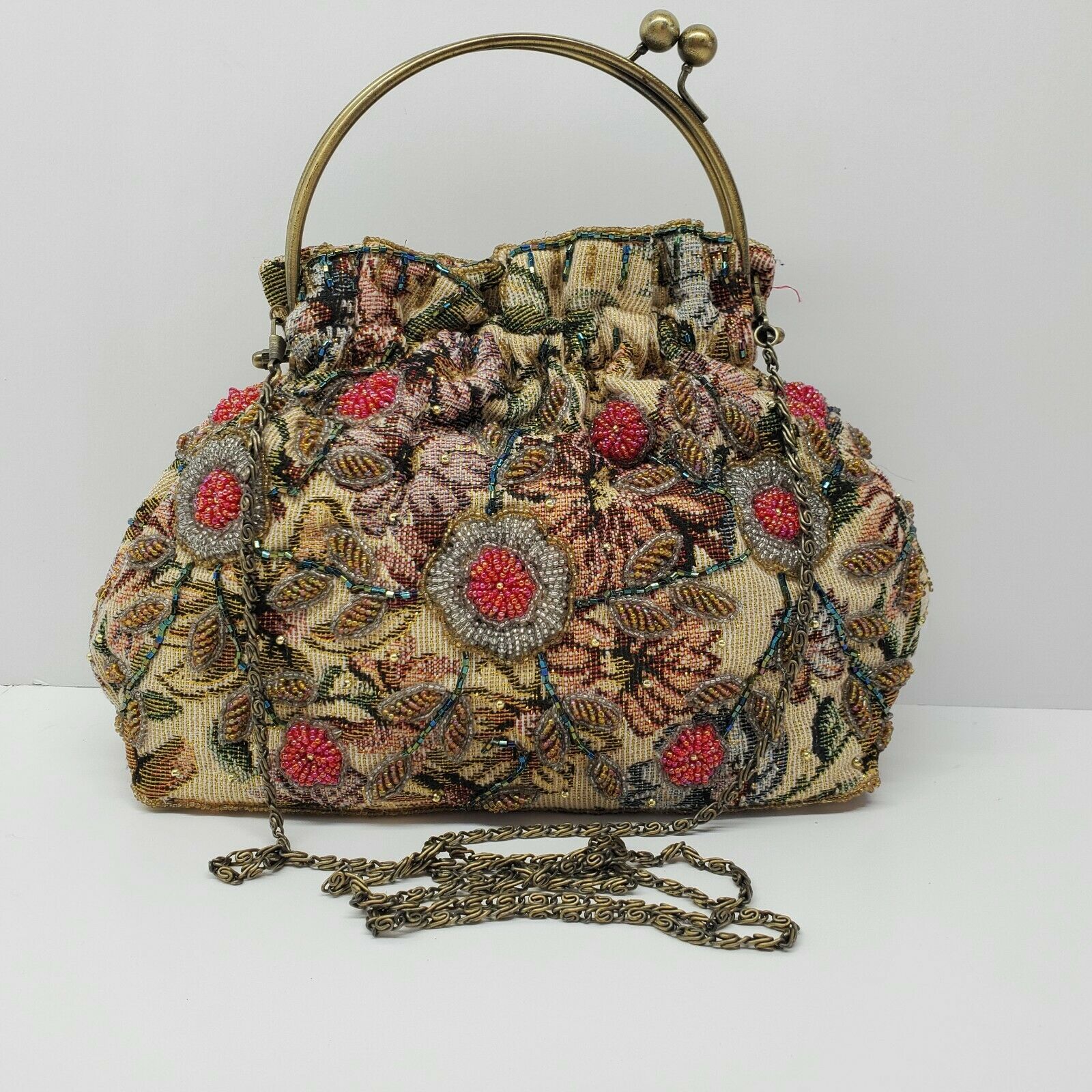 RossSimons purse Beaded Kiss Lock Floral Chain Shoulder Strap Clutch