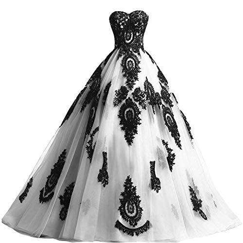 Women Vintage Gothic Prom Dresses Long Black Lace Wedding Ball Gown White Formal