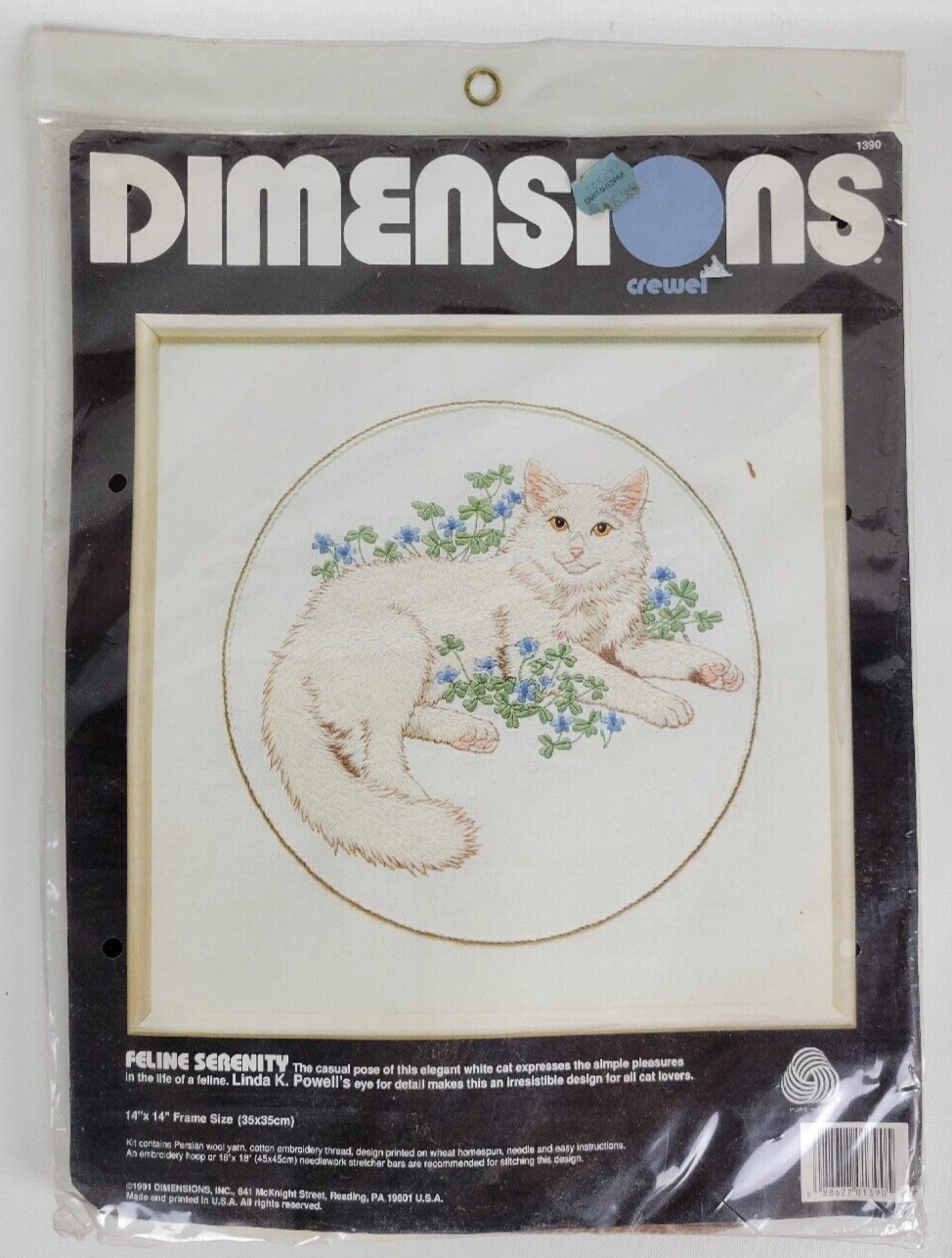 Primary image for Vtg NIP Dimensions Crewel Kit White Cat Feline Serenity 14x14 1390