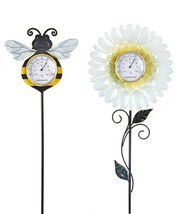 Thermometer Garden Stakes Set 2 Bumblebee Daisy Flower 27" High Temperature Gage