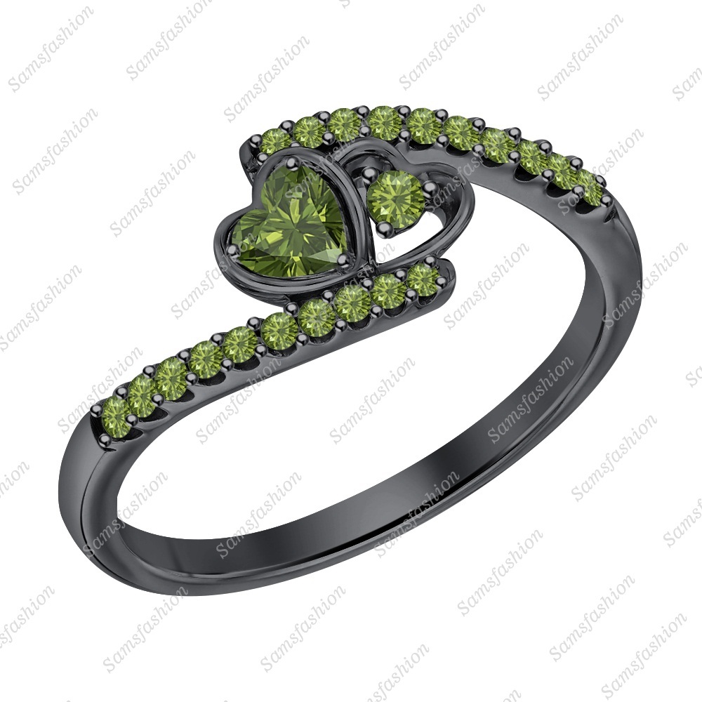 Heart Green Tourmaline 14k Black Gold Over 925 Silver Double Heart Promise Ring
