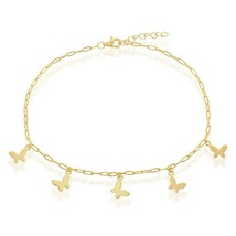 Gold Plated Sterling Silver Butterfly Charms Paperclip Chain Anklet 9&#39;&#39;+1&#39;&#39; - $42.74