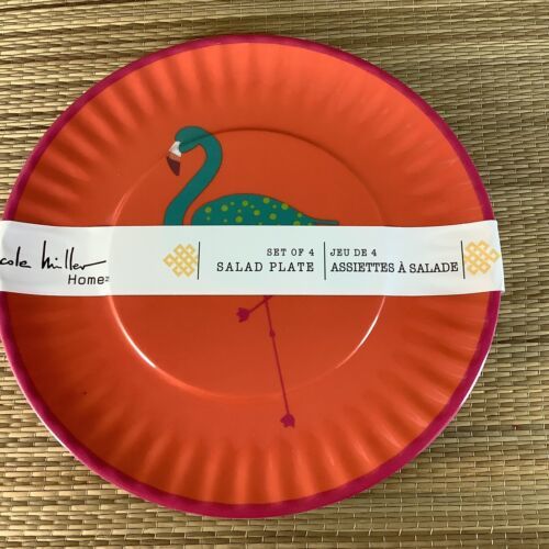 Nicole Miller Home Salad Plates Melamine Lot of 4 Orange Green Bird Flamingo NEW - $18.99