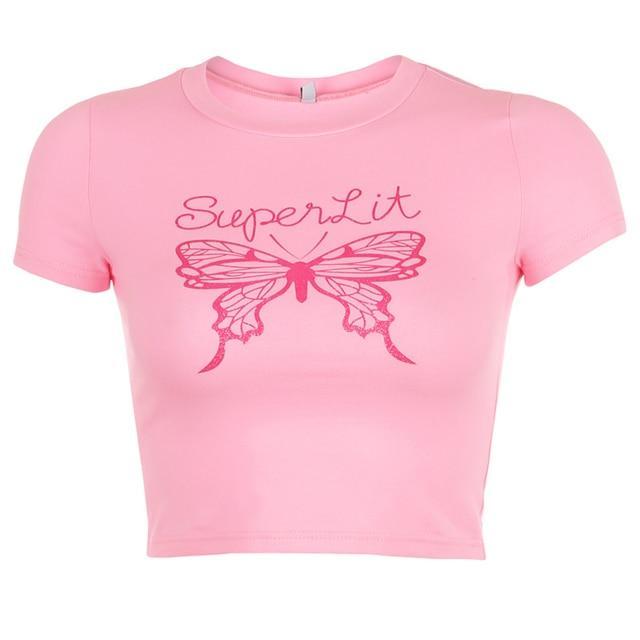 Pink S Superlight Butterfly Pink Kawaii Crop Top Tee Women Short Sleeve T-Shirt
