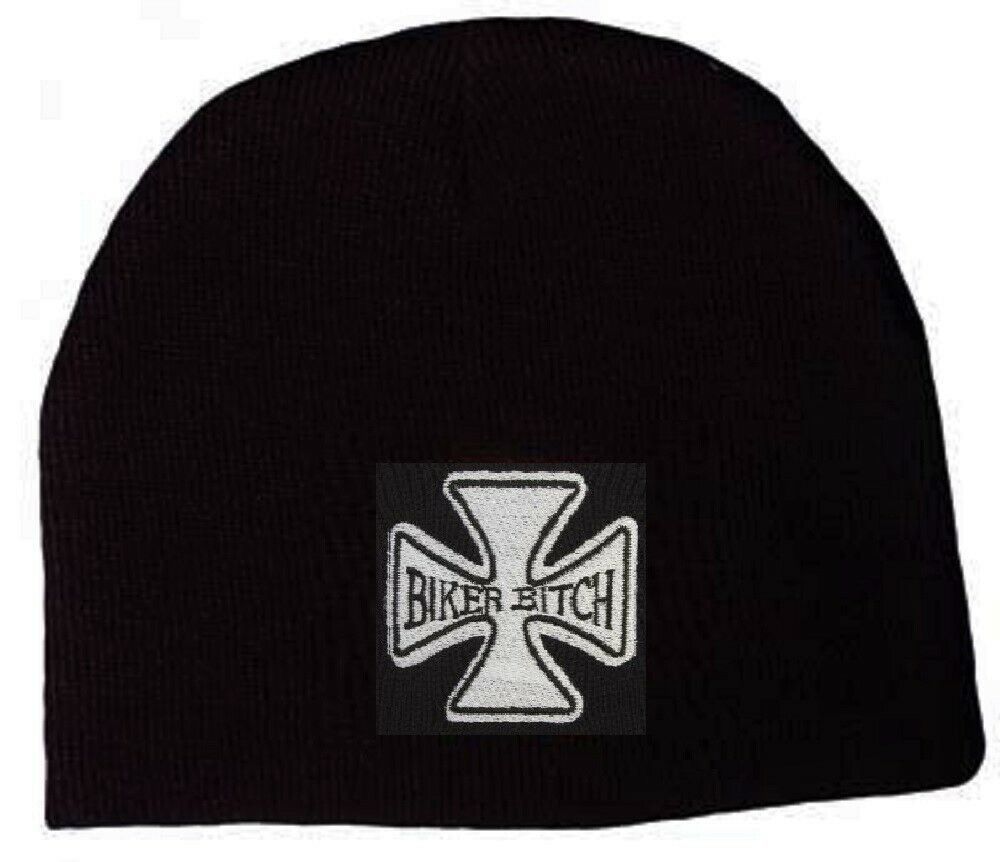 BIKER BITCH IRON CROSS Embroidered BEANIE KNIT HAT Shorty Cap Maltese Outlaw Tam